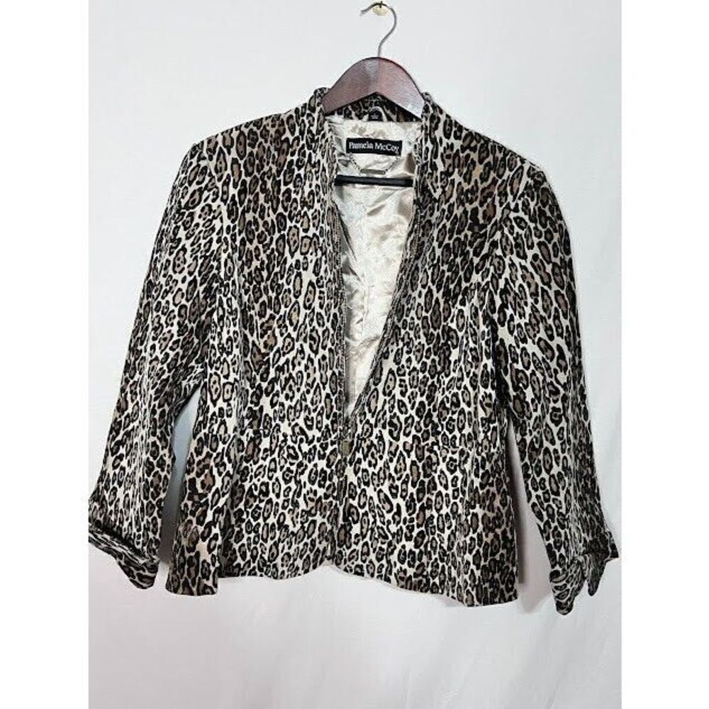 Pamela McCoy Womens Leather Jacket Leopard Cheetah Animal Print full zip sz L